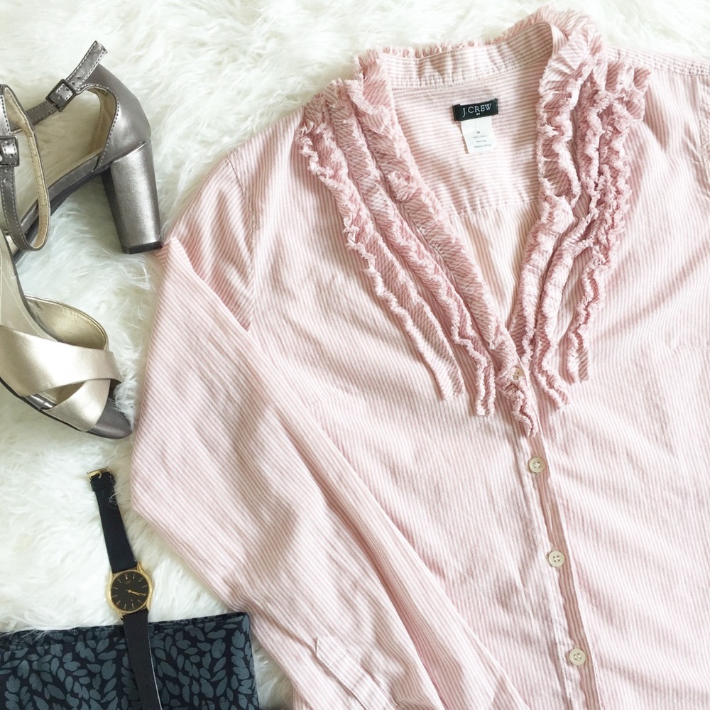 J. Crew pink & white striped ruffle blouse
